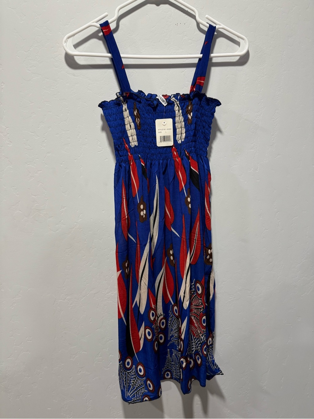 Blue midi Smocked Sundress with Red & White Feather Print size large (8-10)